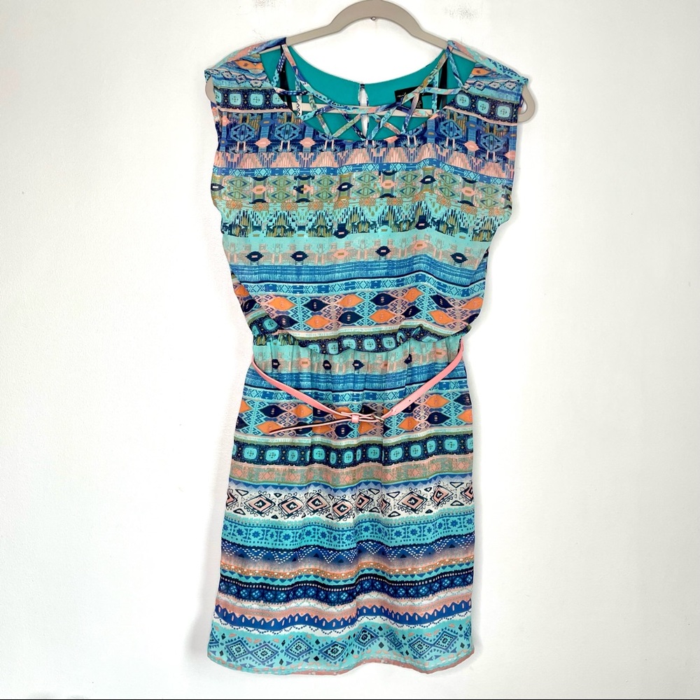 City Triangles Aztec Cage Front Belted Dress Small Aqua